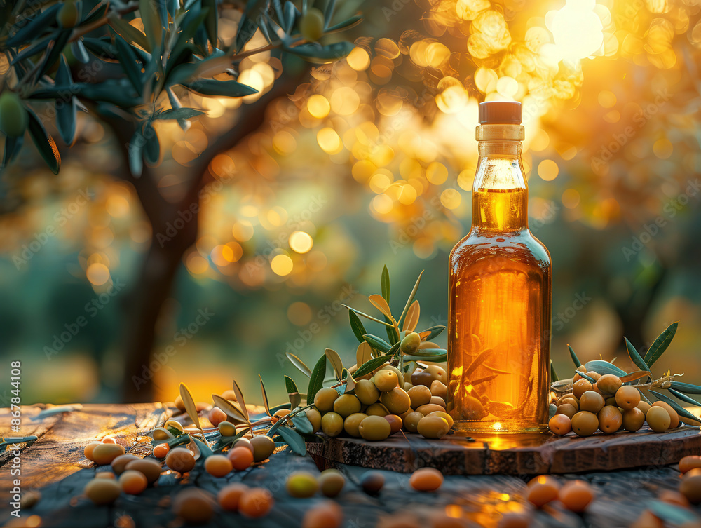Bottle of olive oil with olives around it, placed on textured cloth, against background of olive trees Bottle of olive oil with olives around it, placed on textured cloth, against background of olive trees