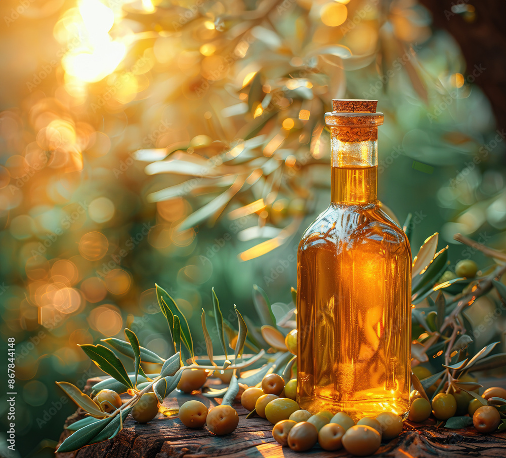 Bottle of olive oil with olives around it, placed on textured cloth, against background of olive trees Bottle of olive oil with olives around it, placed on textured cloth, against background of olive trees