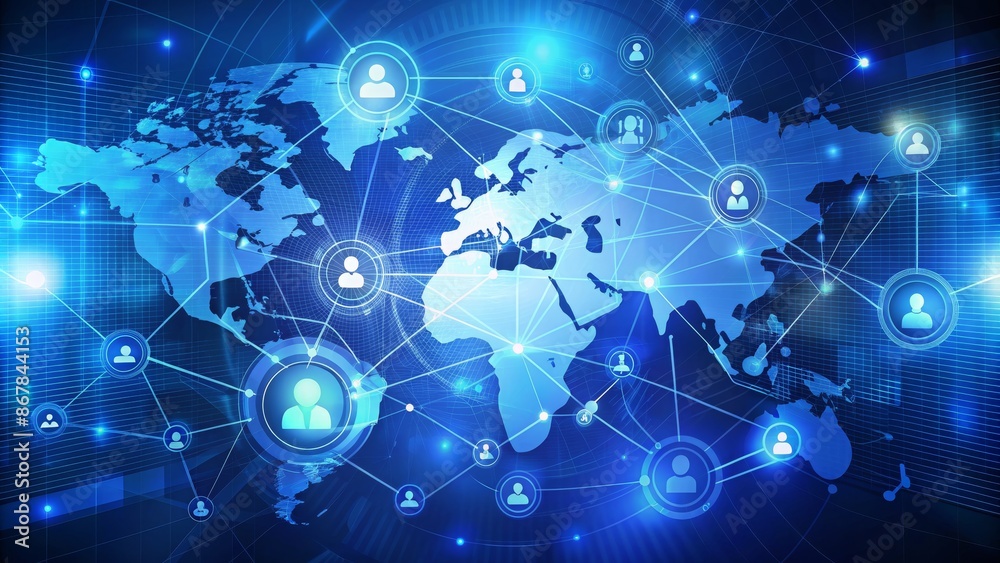 Global Network of People with World Map in Blue Global Network of People with World Map in Blue