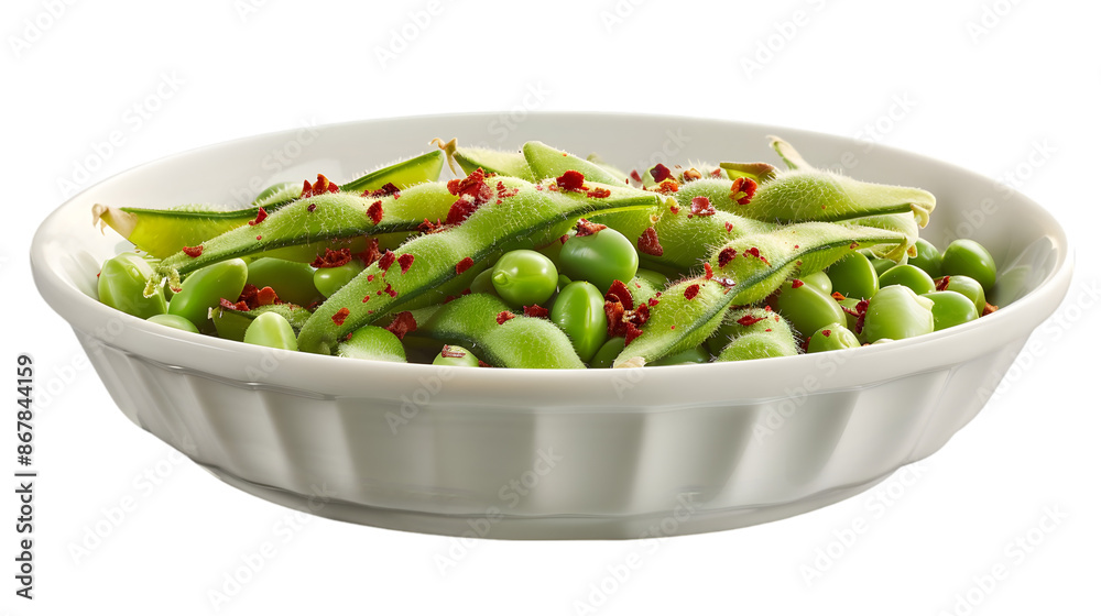 Spicy edamame, garnished with red pepper flakes, displayed in a porcelain bowl on a pure white Spicy edamame, garnished with red pepper flakes, displayed in a porcelain bowl on a pure white
