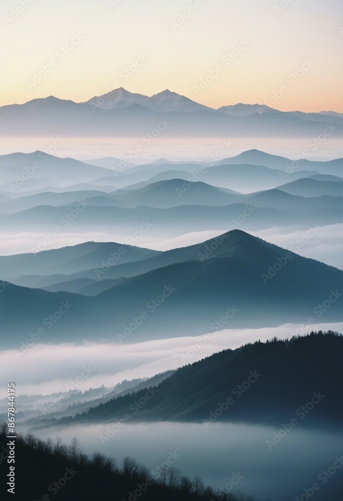 mountain layers and sunrise view in cold and foggy weather.
