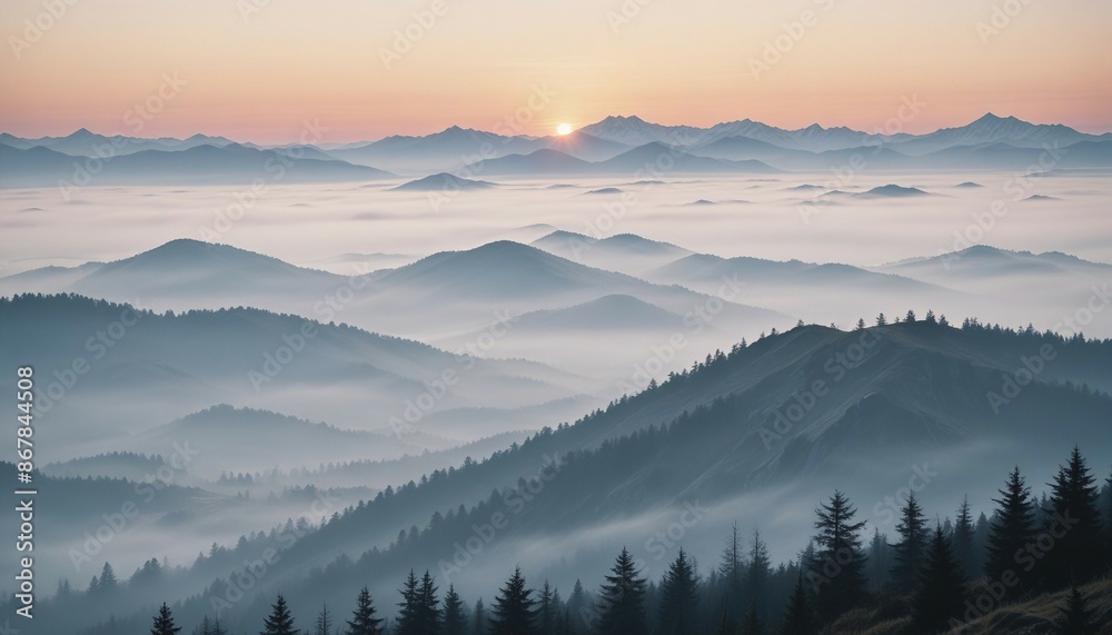Obraz premium mountain layers and sunrise view in cold and foggy weather. 