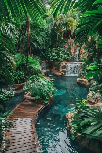 An image of a lush tropical resort featuring dense foliage, wooden walkways, and cascading waterfalls, creating an idyllic and paradisiacal atmosphere perfect for relaxation.