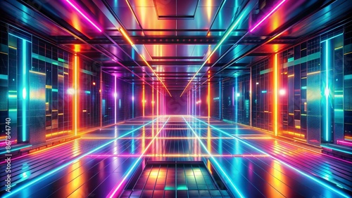 Neon Grid Corridor - Futuristic Digital Space 3D Render