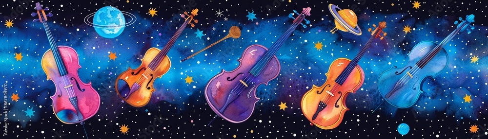 Fototapeta premium A symphony of watercolor instruments floating in space, Futuristic, Watercolor, Varied hues, Imaginative