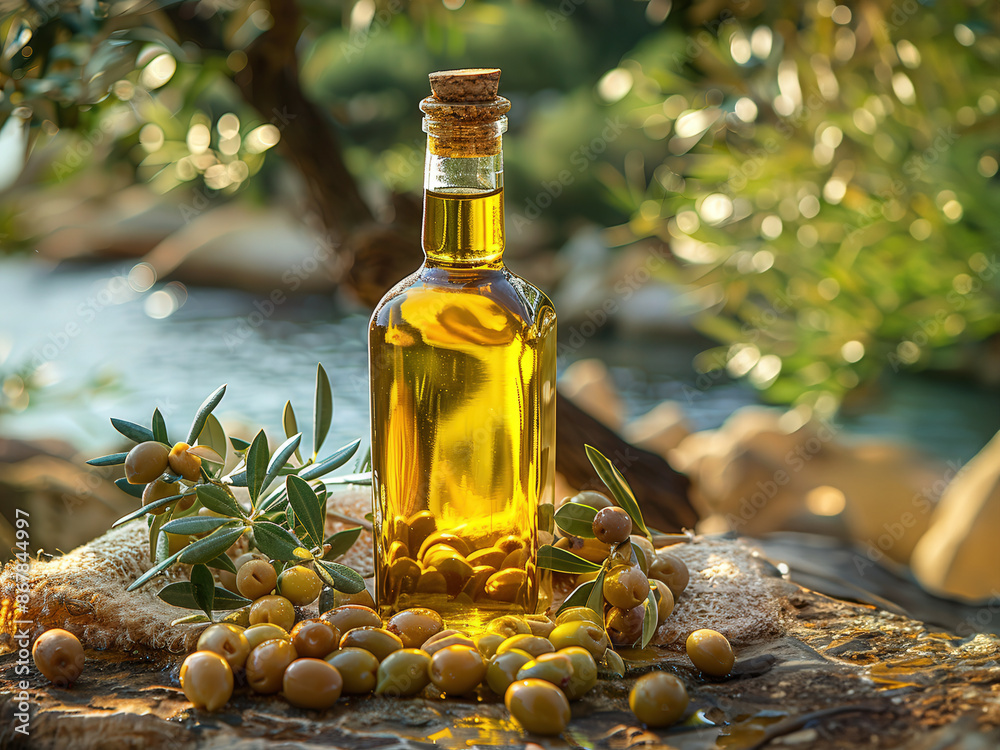 Bottle of olive oil with olives around it, placed on textured cloth, against background of olive trees Bottle of olive oil with olives around it, placed on textured cloth, against background of olive trees