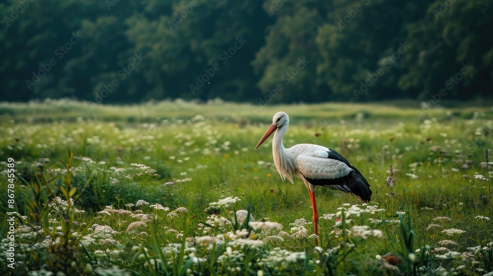 Fototapeta premium White stork in a verdant summer field