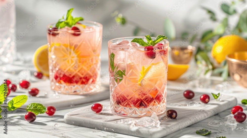 Two summer drinks with lemon mint and cranberry on a table Two summer drinks with lemon mint and cranberry on a table