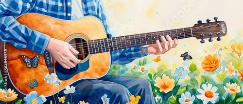 A classical guitarist in a peaceful garden, watercolor butterflies and flowers enhancing the scene, Tranquil, Watercolor, Soft colors, Detailed