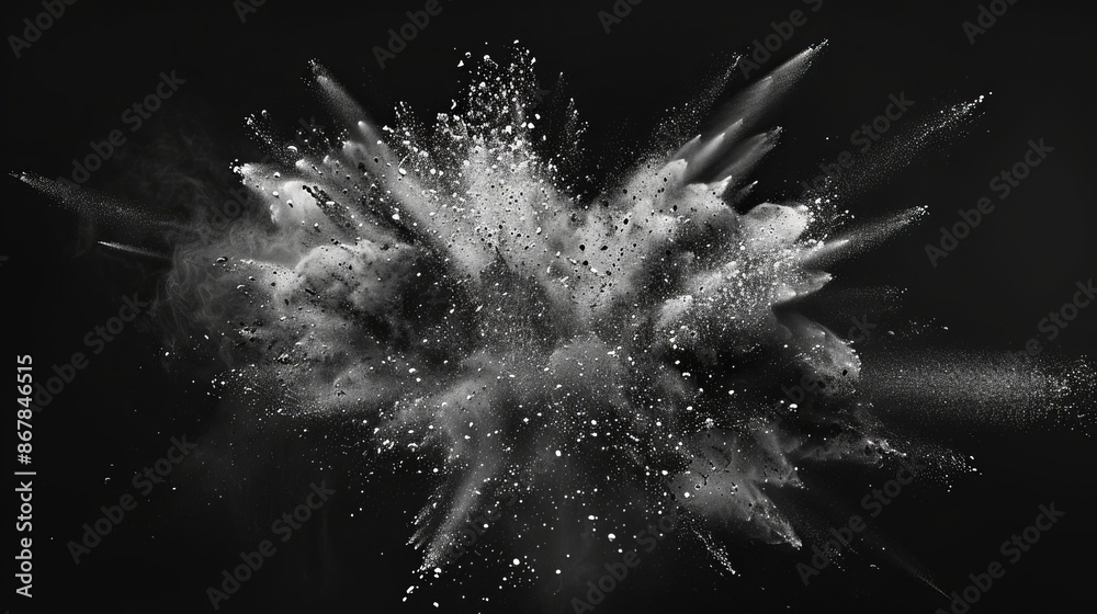 This image captures a dynamic burst of white particles as they explode ...