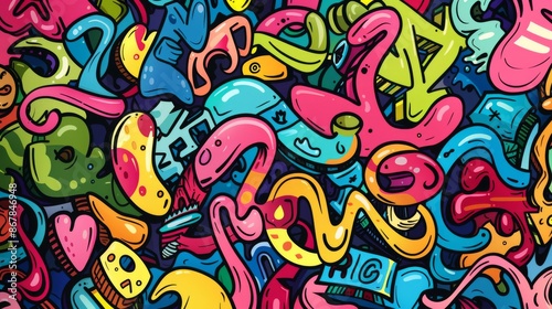Colorful Abstract Urban Style Hiphop Graffiti Street Art, vibrant Graffiti doodle artistic pop art illustration Background © pixeness