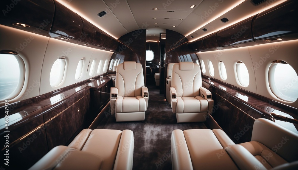 Fototapeta premium The inside of a private jet features luxurious design and glossy furnishings. 
