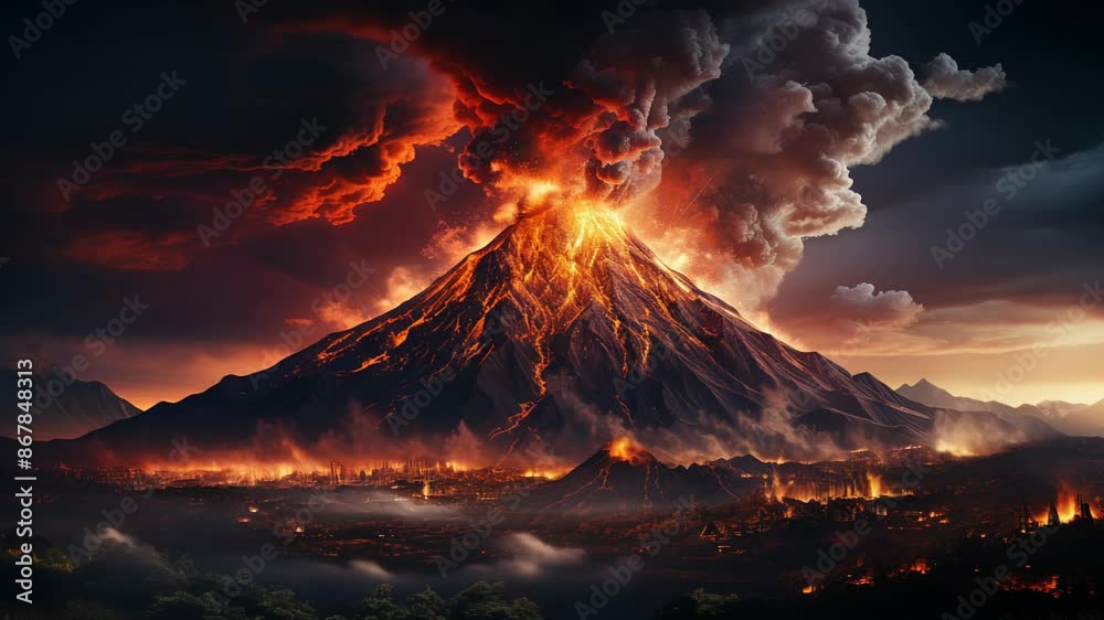 Volcanic activity lava, flows down the mountain. Frightening dangerous Volcanic activity lava, flows down the mountain. Frightening dangerous