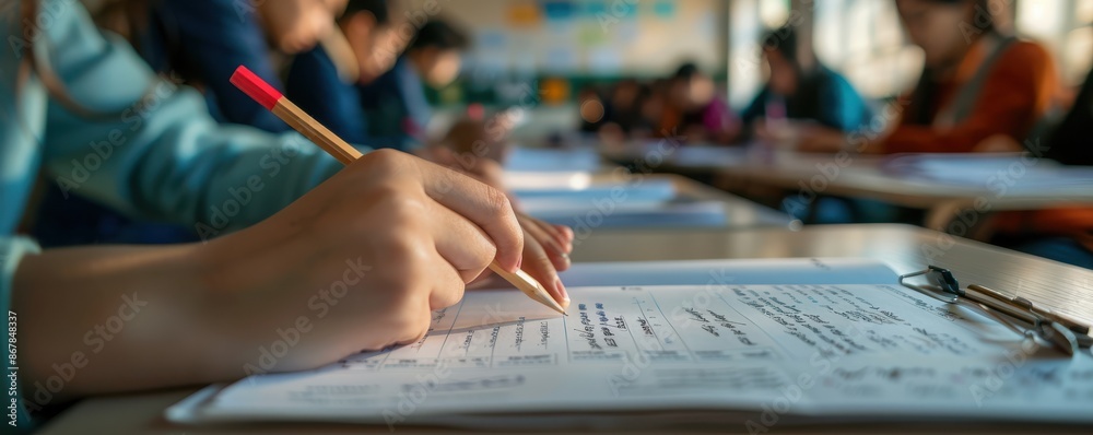 Student in a classroom, concentrating on a test. A blurred background of fellow students. Student in a classroom, concentrating on a test. A blurred background of fellow students.