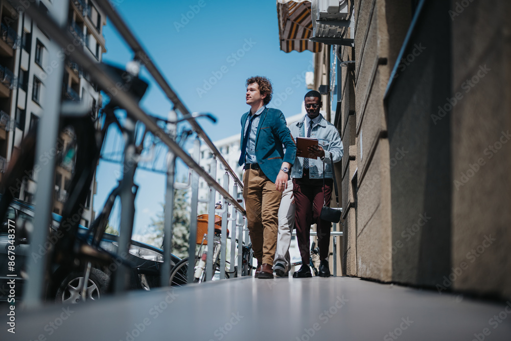 A Caucasian and an African American businessman walking together between modern buildings, engaging in a serious conversation about business. A Caucasian and an African American businessman walking together between modern buildings, engaging in a serious conversation about business.