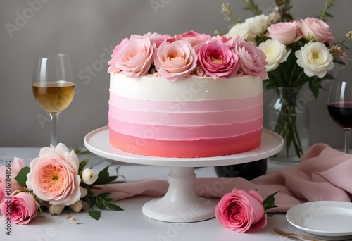 A pink ombre frosted cake with fresh flowers on top, placed on a table with a glass of wine and other decorative elements, roses, flowers, champagne, wine, candles, gold forks