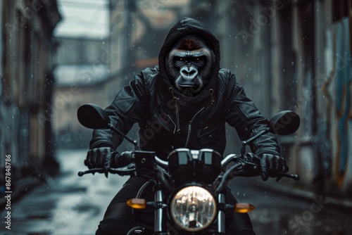 Gorilla On A Motorcycle In The Rain