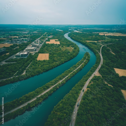 Aerial view of a winding river cutting through lush green forests and patches of farmland under a clear sky. © Porscifant Art