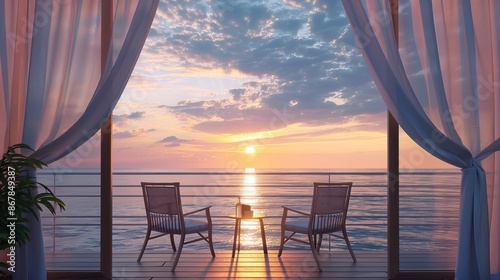 A serene ocean view with a breathtaking sunset, seen from a cozy balcony with two chairs and a table, highlighting tranquility and natural beauty. photo