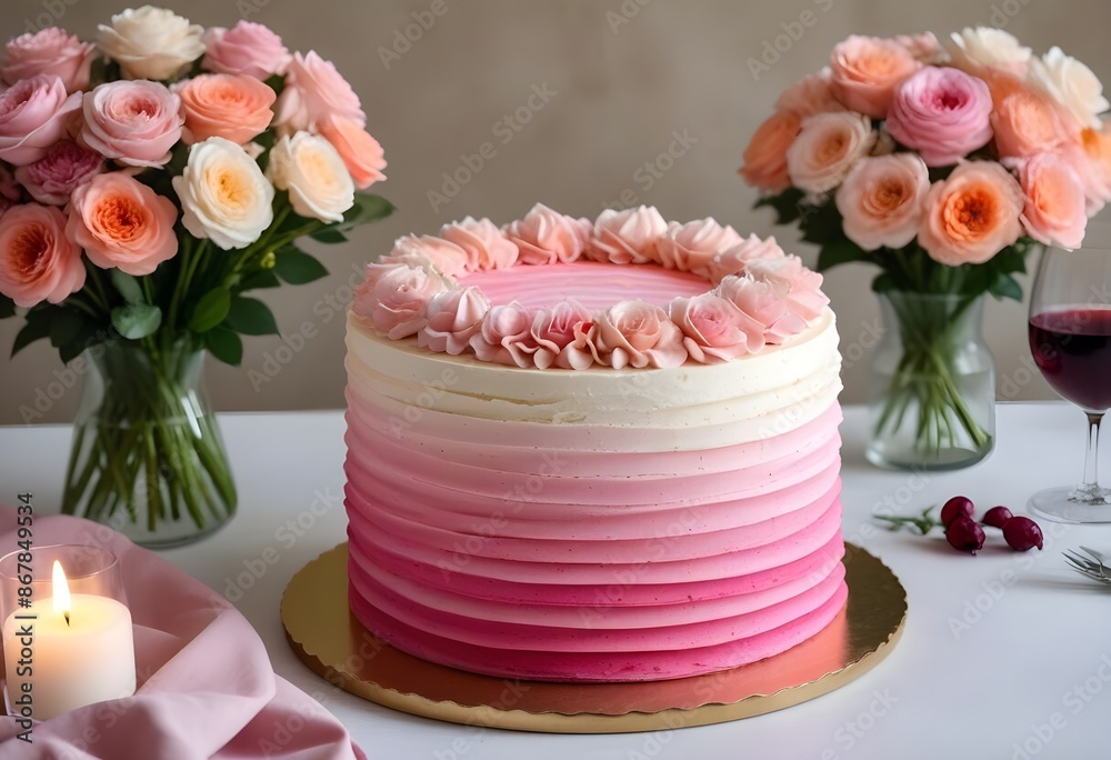 A pink ombre frosted cake with fresh flowers on top, placed on a table with a glass of wine and other decorative elements, roses, flowers, champagne, wine, candles, gold forks A pink ombre frosted cake with fresh flowers on top, placed on a table with a glass of wine and other decorative elements, roses, flowers, champagne, wine, candles, gold forks