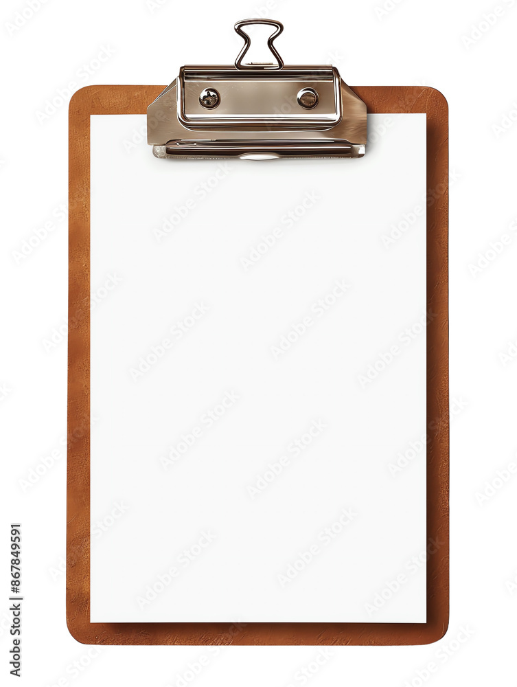 A wooden clipboard with a blank sheet of paper attached isolated on transparent background A wooden clipboard with a blank sheet of paper attached isolated on transparent background