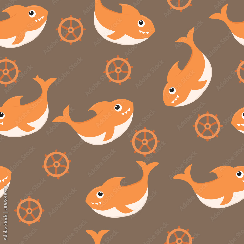 cute baby shark and little fish seamless pattern