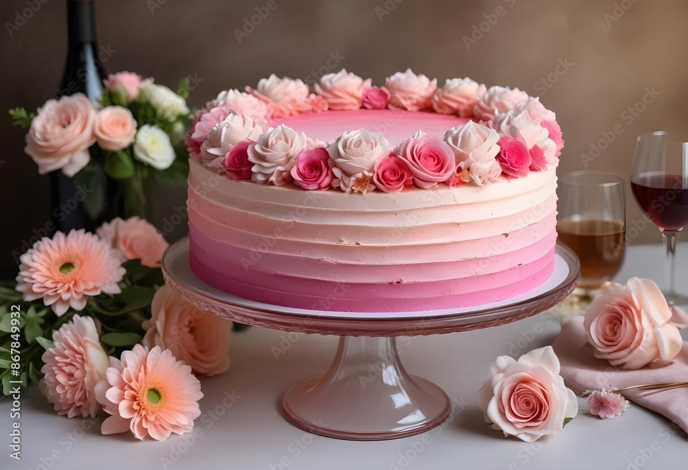 A pink ombre frosted cake with fresh flowers on top, placed on a table with a glass of wine and other decorative elements, roses, flowers, champagne, wine, candles, gold forks A pink ombre frosted cake with fresh flowers on top, placed on a table with a glass of wine and other decorative elements, roses, flowers, champagne, wine, candles, gold forks