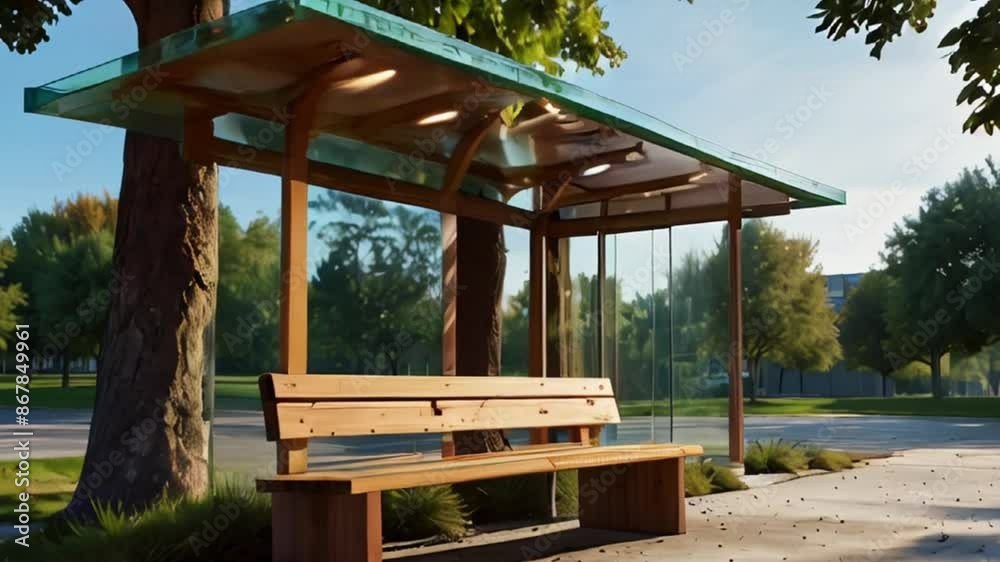 Modern Bus Stop Shelter with Glass Walls and Wooden Roof Modern Bus Stop Shelter with Glass Walls and Wooden Roof