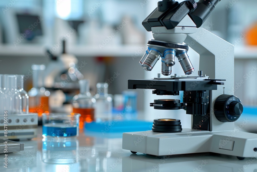 A close-up of a microscope in a laboratory setting with test tubes and vials containing various colorful liquids in the background. A close-up of a microscope in a laboratory setting with test tubes and vials containing various colorful liquids in the background.