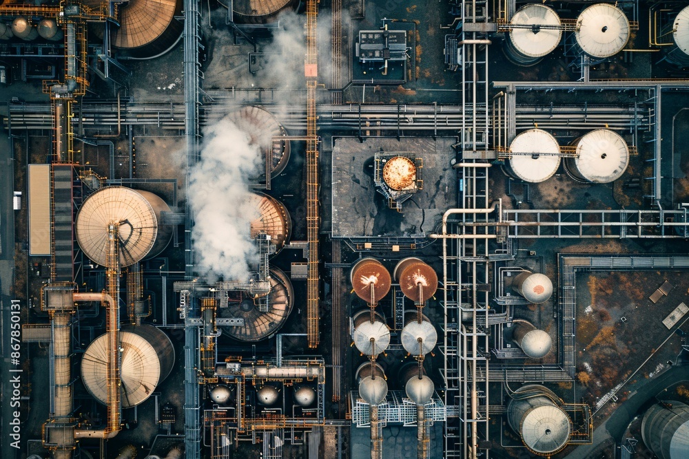 An aerial view of an industrial complex with various tanks, pipelines, and structures. An aerial view of an industrial complex with various tanks, pipelines, and structures.