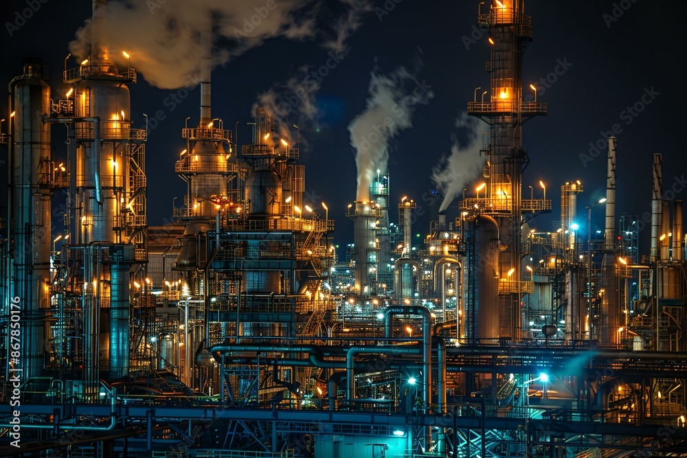This image shows a large industrial complex operating at night. Numerous towers, pipes, and structures are interconnected, with various lights illuminating the facilities and emitting a warm glow. This image shows a large industrial complex operating at night. Numerous towers, pipes, and structures are interconnected, with various lights illuminating the facilities and emitting a warm glow.
