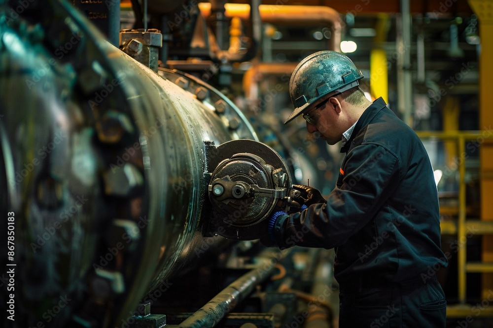 This image shows a worker in an industrial setting performing maintenance on a large, complex piece of machinery with numerous pipes and valves. This image shows a worker in an industrial setting performing maintenance on a large, complex piece of machinery with numerous pipes and valves.