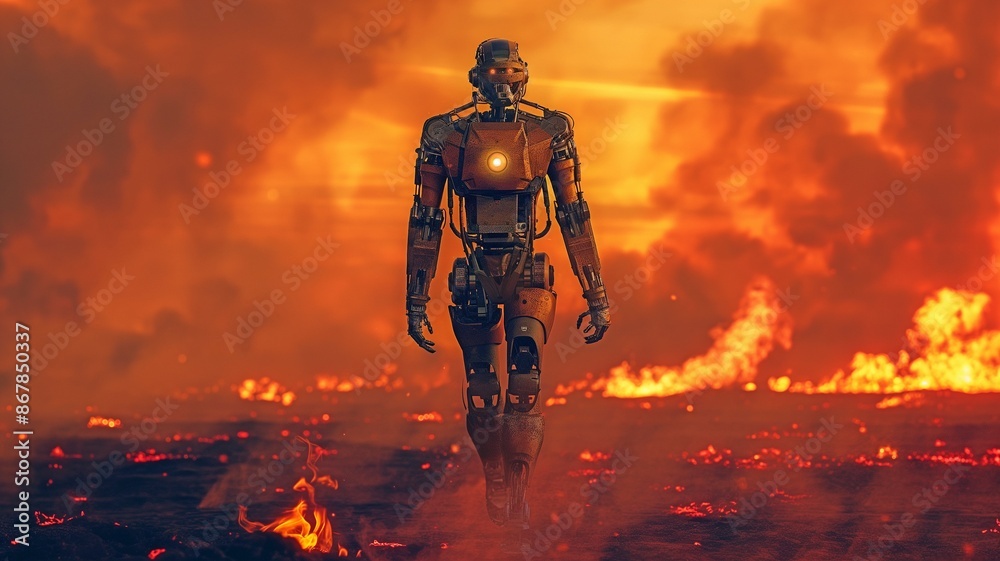 Walking on a blazing background of war and catastrophe is a military cyber robot. Walking on a blazing background of war and catastrophe is a military cyber robot.