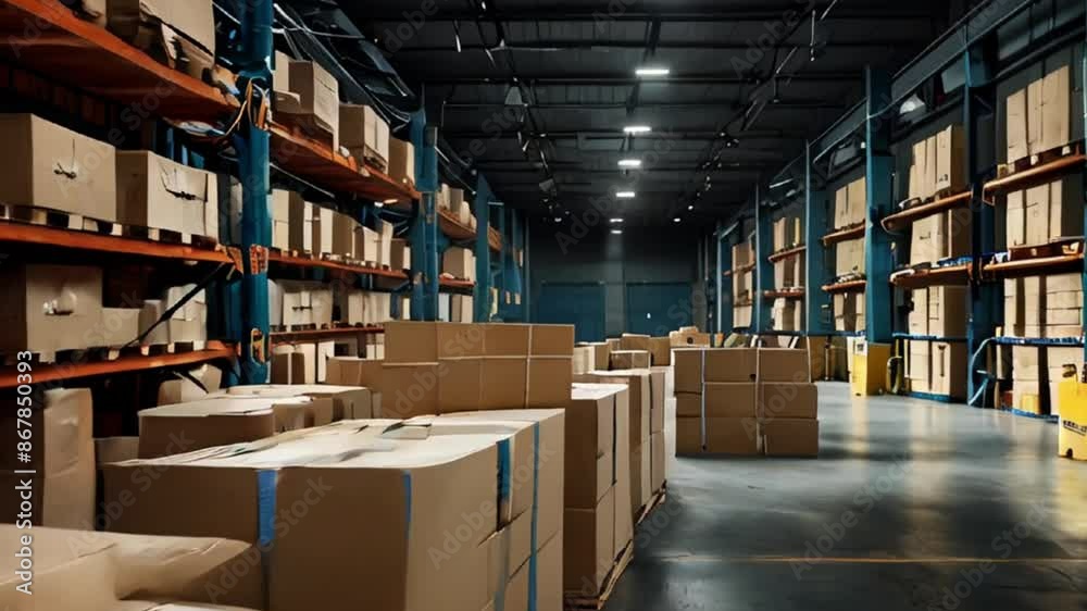 Large Warehouse with Stacked Cardboard Boxes and Metal Shelving Large Warehouse with Stacked Cardboard Boxes and Metal Shelving