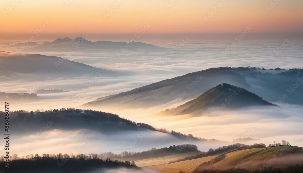 Fototapeta premium mountain layers and sunrise view in cold and foggy weather. 