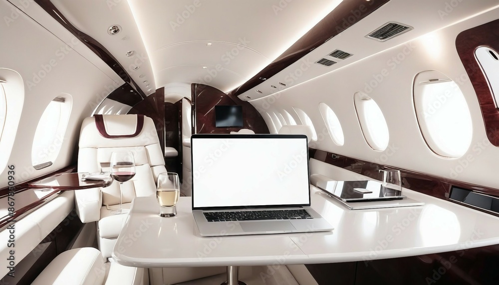 The inside of a private jet features luxurious design and glossy furnishings.
The inside of a private jet features luxurious design and glossy furnishings.