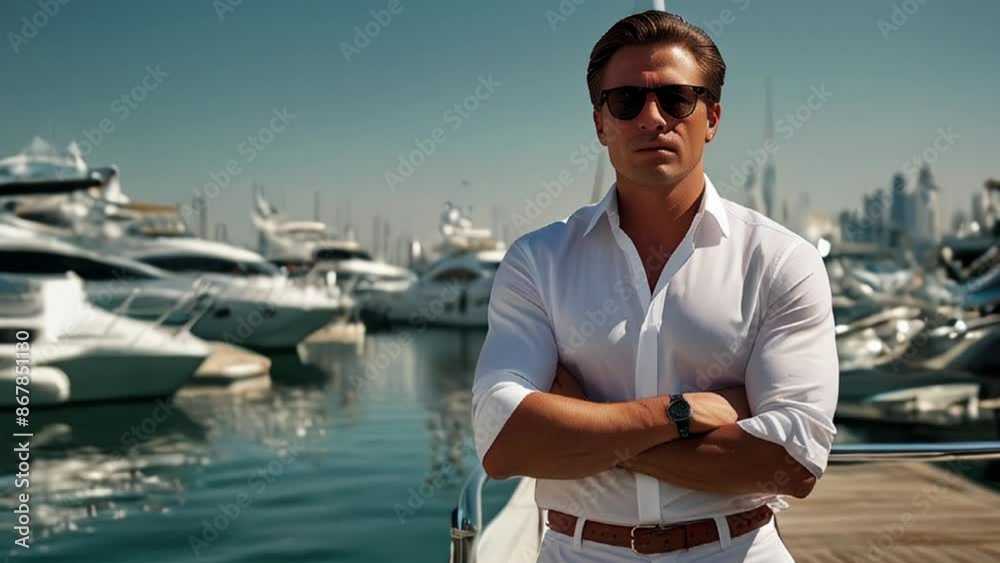 Man in White Shirt and Sunglasses Posing on Yacht Dock