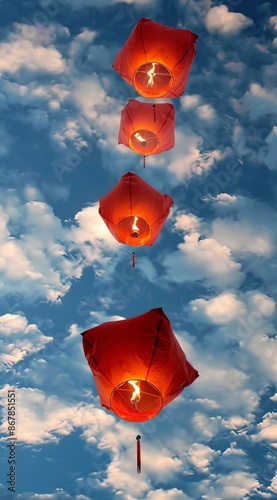 Four red lanterns float upwards into the sky against a backdrop of fluffy clouds, symbolizing wishes, hope, and dreams, captured beautifully on a bright, sunny day. photo