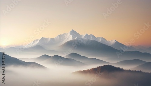 mountain layers and sunrise view in cold and foggy weather. 