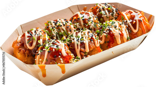  Spicy takoyaki topped with chili powder and drizzled with spicy mayo, presented in a paper boat, on a transparent background