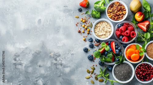 Wallpaper Mural Healthy food clean eating selection: fruit, vegetable, seeds, superfood, cereal, leaf vegetable on gray concrete background Torontodigital.ca