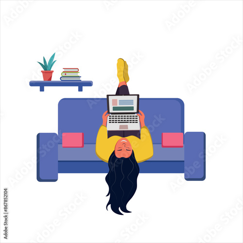 Girl assistant undressing in hands of laptop