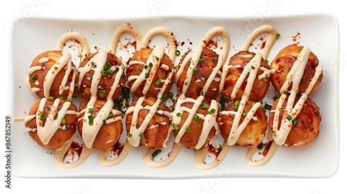  Spicy takoyaki with a sprinkling of chili flakes and drizzled with spicy mayo, arranged neatly on a transparent background plate