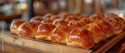 In the morning light, a tray full of delicious hot cross buns with glaze