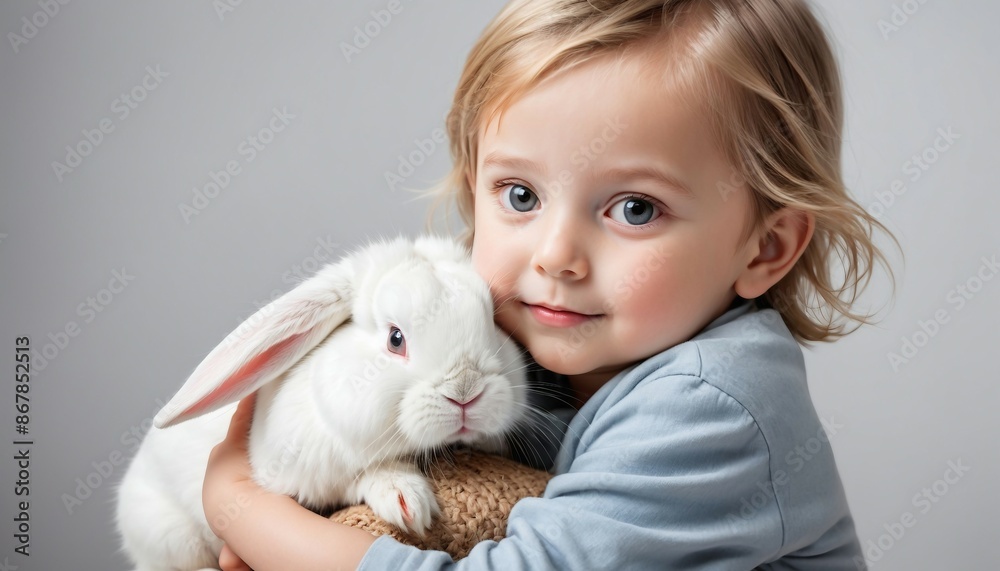 portrait of cute white rabbit on child's lap, isolated background
portrait of cute white rabbit on child's lap, isolated background