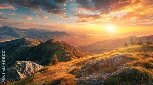 A visually stunning mountainous scene captures a brilliant sunset, with vibrant colors in the sky illuminating rolling hills and lush forest below. Absolutely breathtaking.