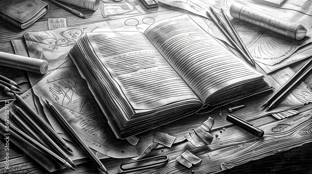 Drawing of open book on top of table next to pair of scissors. Drawing of open book on top of table next to pair of scissors.