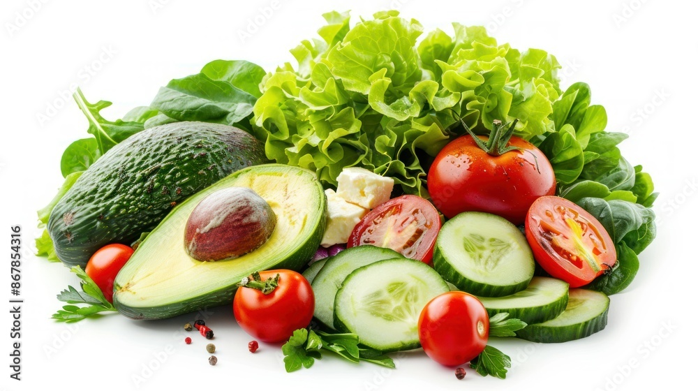 Healthy green salad with avocado feta cheese and fresh vegetables isolated on white Healthy green salad with avocado feta cheese and fresh vegetables isolated on white