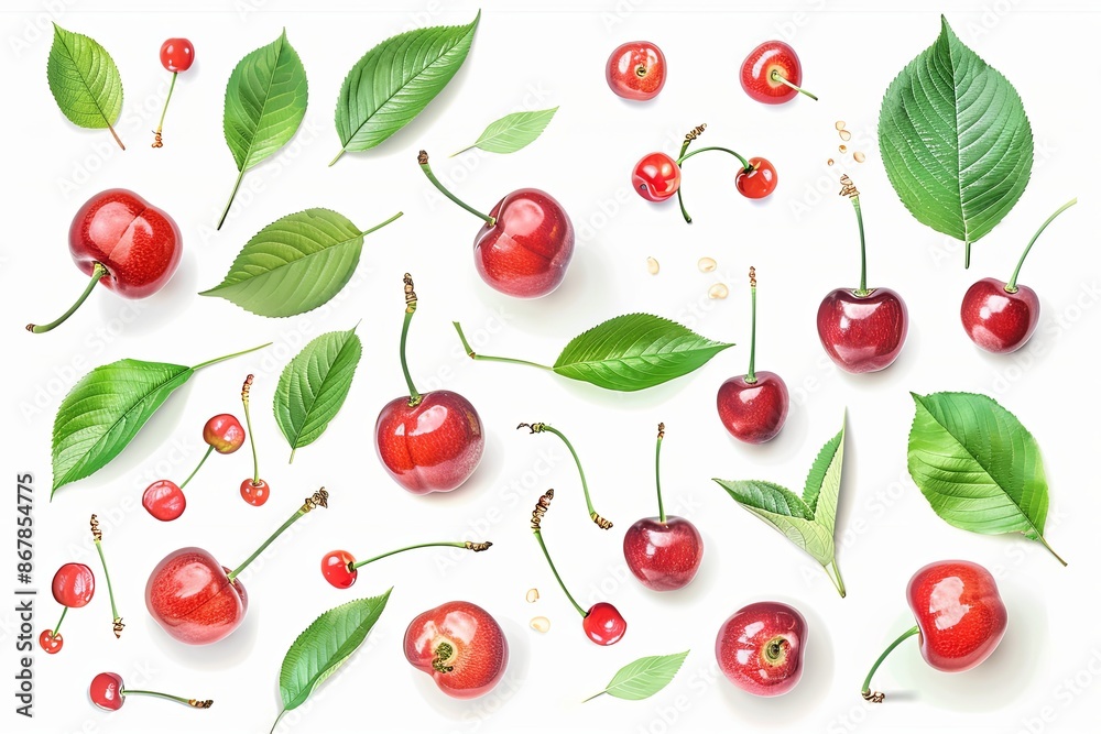 A white background with fresh, red cherries and green leaves scattered across the surface. Generative AI A white background with fresh, red cherries and green leaves scattered across the surface. Generative AI