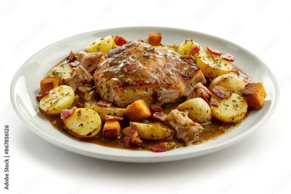 Mouthwatering Charbonne Dish with Tender Pork Shoulder and Crispy Bacon Pieces Mouthwatering Charbonne Dish with Tender Pork Shoulder and Crispy Bacon Pieces